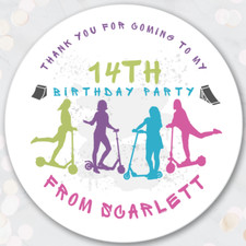 Stunt Scooter Personalised Birthday Party Stickers -Girls Kick Scooter Thank You