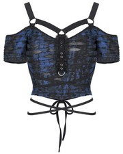 Punk Rave Womens Broken Knit Shredded Mesh Strapping Top - Black & Blue