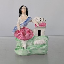 Antique Victorian 19c Staffordshire Pottery Girl & Bunny Rabbits Figure c1860