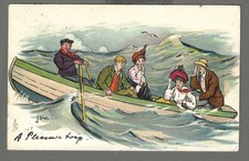 Vintage comic postcard 'A Pleasure Trip' rowing boat on high seas. J.S.W. 1904