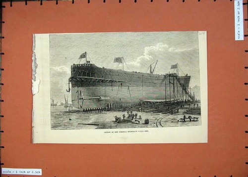 Old antique print launch ship - old,