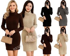 Womens Cable Knitted Jumper Dress Ladies Turtle Polo Neck Pullover Tunic Bodycon