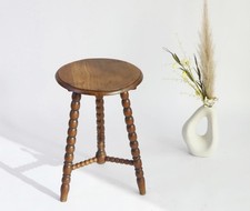 Antique Round Wooden Bobbin Side Table, Barley Twist Stool, Rustic Plant Stand