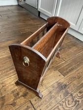 Vintage Wooden Magazine Rack With Pull Out Side Table and Lion Head Handles