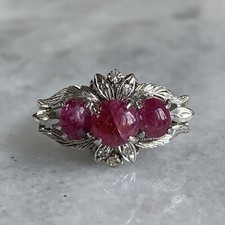 Ruby Cabochon & Diamond Bespoke Ornate Ring 18k 18ct White Gold - Size J