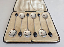 CASED SET OF 6 STERLING SILVER COFFEE BEAN SPOONS WITH BLACK BEANS 1934
