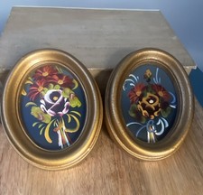 2 Miniature Oil Paintings Still Life Flowers Small Gold Oval Frame Gallery Wall