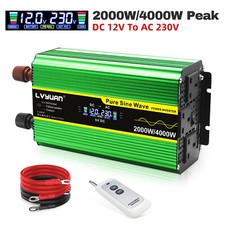 2000W 4000W Pure Sine Wave Power Inverter 12V To 240V With 4USB 3AC Remote Green
