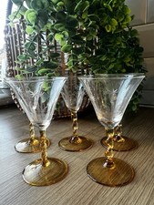 Art Deco Etched Cocktail Sherry Glasses Amber Twist Stem Hand Blown Set of 4