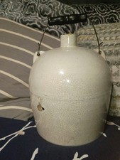 Antique Stoneware Crock Whiskey Jug Beehive Bail Wire Wood Handle Excellent Cond