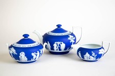 Antique Wedgwood Blue Dip Jasperware Tea Set Teapot Creamer & Sugar Bowl England