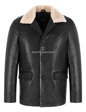 Men’s Black Classic Real Leather Box Button Coat Detachable Collar Jacket Style
