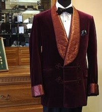 Mens Quilted Smoking Jacket Burgundy Velvet Wedding Coat Frogg Host Wear Blazer