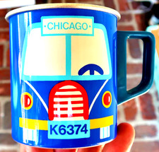 Vintage Sanrio FANCY FRIENDS Metal Cup, BUS MUG 1977 - CHICAGO IL, Trolley, TIN