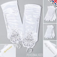 PERSONALISED FIRST HOLY COMMUNION GLOVES FLOWER GIRL PAGEANT WEDDING WHITE SATIN
