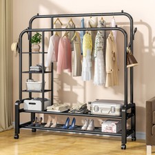 Heavy Duty Double Layer&Rod Clothes Rail with Side Storage Net Garment UK