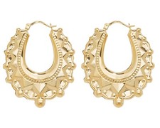 9ct Gold on Silver Large Victorian Gypsy Spiked Oval Creole Hoop Earrings