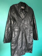 Vintage Aviatrix Ladies Soft Black Leather Trench Coat Long Jacket UK Size Large
