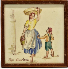 Packard & Ord Framed Hand-Painted Tile Ripe Strawberries H&G Thynne Blank C1950