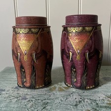 Pair Williamson Elephant Tea Caddy’s Tins. Pink & Orange. Incl. contents •Tea • 