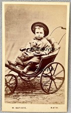CDV BOY IN PRAM THREE WHEELED BONNET COAT BY BATISTE BATH ANTIQUE PHOTO