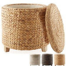 Round Storage Ottoman Footrest, Woven Hyacinth Wicker Footstool Basket w Lid