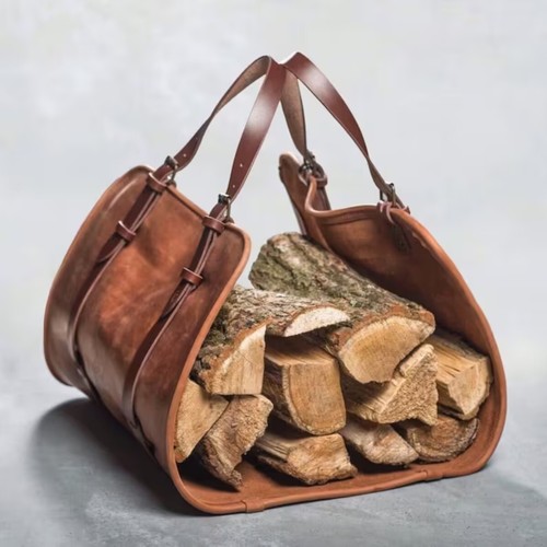 Leather wooden carrier bag - leather,