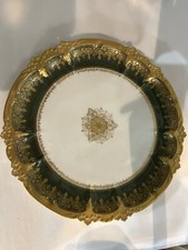 Rare Antique Limoges Green and Gold Hand Painted China 9,5” Plate