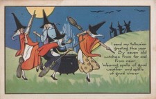 1928 Antique HALLOWEEN Postcard Witches Dancing Around Cauldron with Brooms