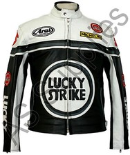 LUCKY STRIKE Leather Motorcycle Jacket - Black/White - Classic Biker