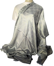 GG GUCCI Scarf 65% Wool 35% Silk Shawl, Golden Grey Stole, Soft Wrap