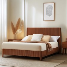 Walnut Wooden Queen Bed Frame with Headboard Mid Century Modern Fluted Platform