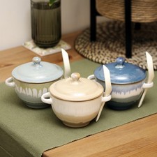 Set Of 3 Coastal Reactive Glaze Soup Bowls With Lid Spoon & Handles Stoneware