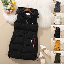 WOMENS LADIES LONG LINE HOODED PUFFER GILET JACKETS PADDED VEST TOPS BODY WARMER