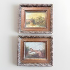 Pair Antique Oil On Board-River Scenes-Guildford-Deep Oak Frames-FREE UK POSTAGE