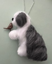 OLD ENGLISH SHEEPDOG with CHRISTMAS ROBIN  - Part needle felted DOG