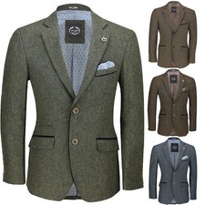 Mens Vintage Tweed Blazer in Tan Green Blue Designer Formal Slim Fit Suit Jacket
