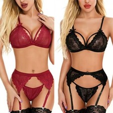Women's Sexy Lace Scallop Floral Lingerie Nightwear Suspenders Plus Thong Set