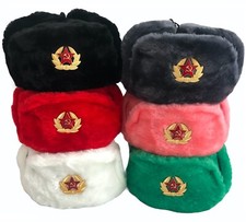 Russian Army Military Style Black White Faux Fur Ushanka Hat USSR Soviet Badge