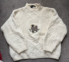 Vtg Acorn Sheep Pure New Wool M Fisherman Cable Knit Sweater Ram Aran