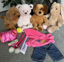 4 x Build A Bear Soft Toy Bundle & Accessories - Rabbit, Bear 2 Dogs