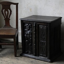 Antique unusual oak chest, 16th century carved panels, 19th century construction