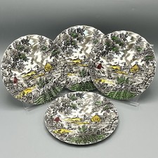 Vintage Myott The Hunter Side Plates X4 Hand Painted Scalloped Edge Multi Colour