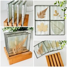 Beautiful Vintage Pressed Leaves Glass Coaster Set With Wooden Stand, 4 Coasters
