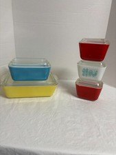 Pyrex Refrigerator Dishes Set of 5 Red, Yellow, Blue, & Butterprint w/Lids EUC