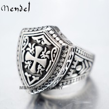 MENDEL Mens Shield Cross Knights Templar Ring Silver Stainless Steel Size 7-13