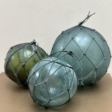 Green Grey Glass Float Buoys Fishermans Ball Vintage Japan 3-4.5 inch Net