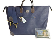 NEW BRICS LIFE TROLLY HOLDALL WEEKEND BAG ITALIAN LEATHER BLUE AND BROWN