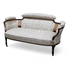 Antique inlaid mahogany sofa - curved upholstered 2 seater salon settee - bench