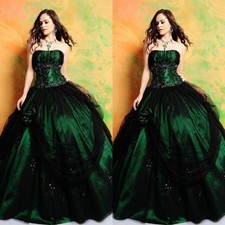 Gothic Wedding Dresses Green Black Beading Strapless Satin A Line Bridal Gowns